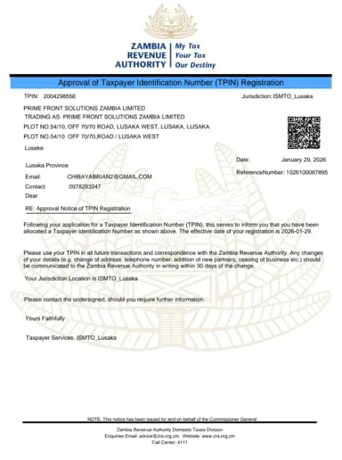 ZRA taxpayer identification registration preview