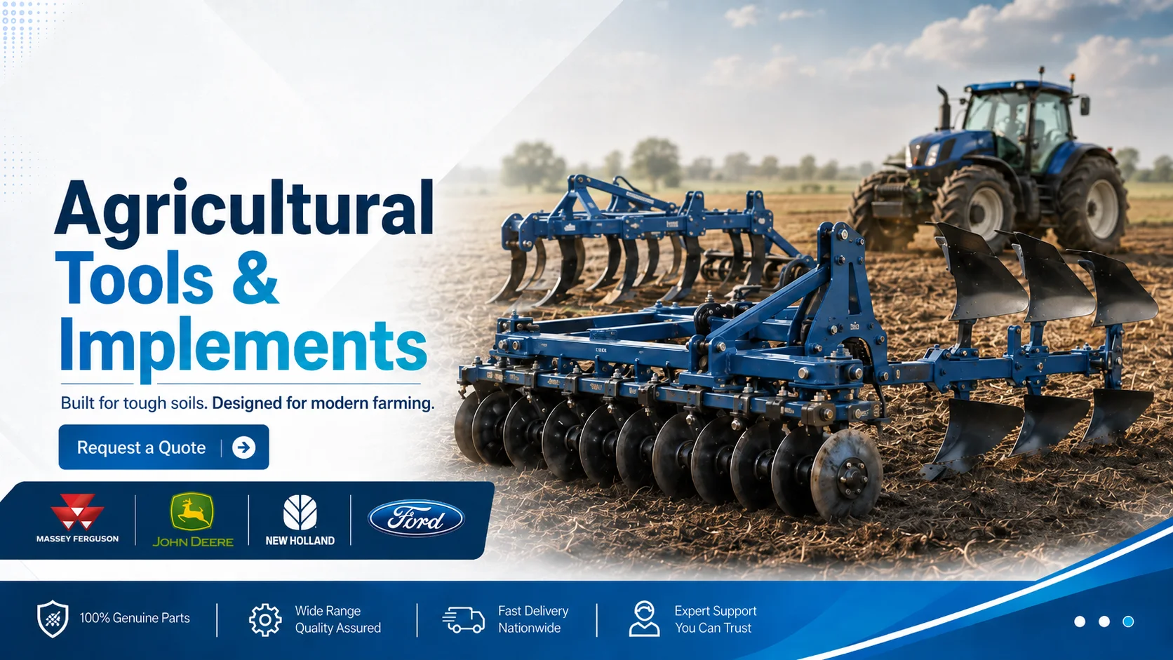 Agricultural disc implements, ploughs and tillage equipment in a field